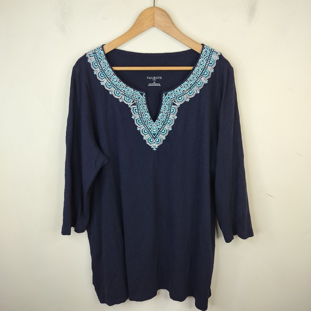 Talbots Embroidered Tunic 2X Split Neck Top Casual Boho Navy Blue